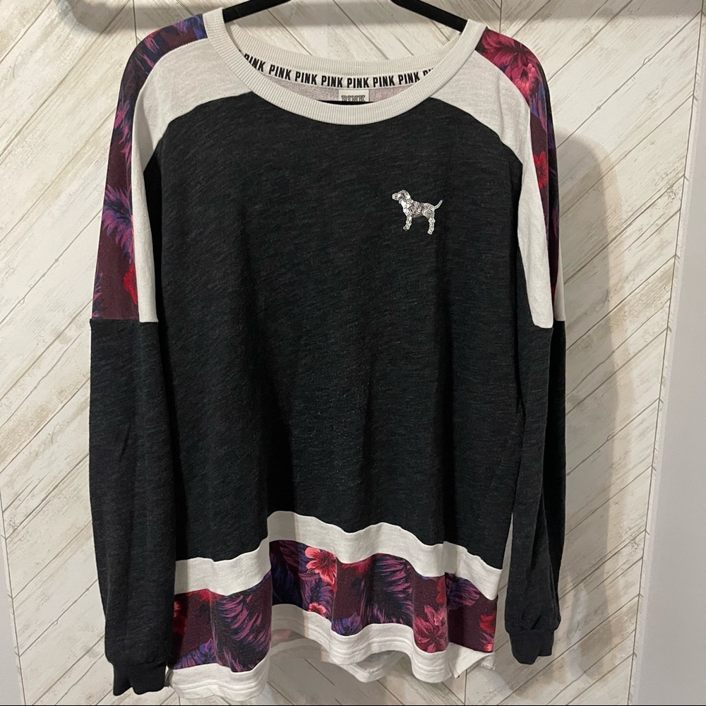 VS PINK Heather Gray With Floral Pattern Bling Varsity Crewneck